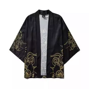 Черное кимоно-кардиган для женщин и мужчин, японское оби, мужской юката, мужское хаори, японское пальто с волнистым принтом карпа, традиционная японская одежда S