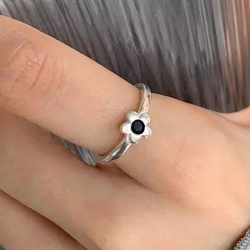 Черное кольцо с цветком, женское, простое, нишевое, корейская версия, небольшое, с цветком, цирконием, регулируемое кольцо
