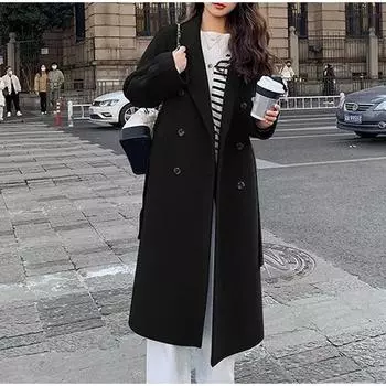 Черное кружевное длинное пальто для женщин из искусственной шерсти с длинными рукавами, свободное повседневное утолщенное теплое ветровка весна осень S(45-50KG) абрикосовый