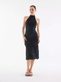 Черное кружевное платье-миди с вырезом на шее и спиной