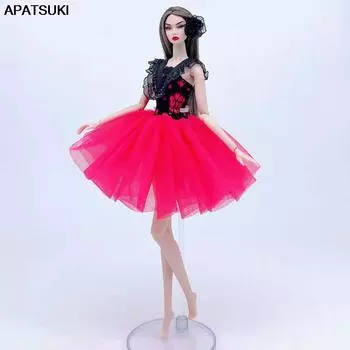 Черное кружевное ярко-розовое модное кукольное платье для куклы Барби, одежда, короткие платья, праздничное платье 1/6, аксессуары для кукол, игрушки красный