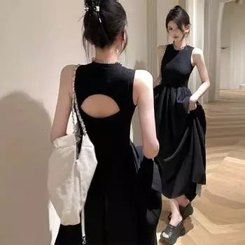 Черное летнее платье-майка без рукавов, женское модное сексуальное элегантное длинное платье трапециевидной формы с открытой спиной, женское повседневное плиссированное вечернее платье с круглым вырезом 799 S чёрный