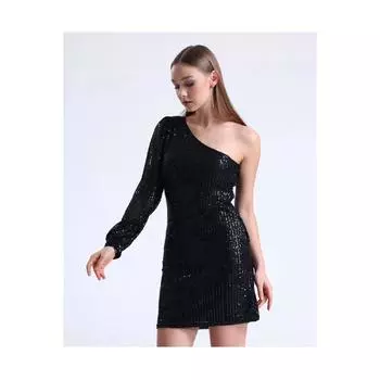 Черное мини-платье на одно плечо с пайетками