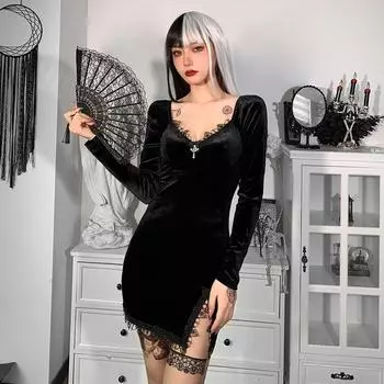 Черное мини-платье в готическом стиле в стиле ретро. Платье с высокой талией. Уличное платье. Вечернее платье с длинными рукавами. S чёрный