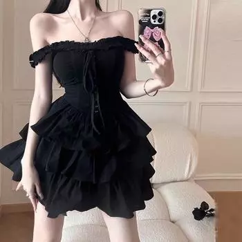 Черное мини-платье, винтажное сексуальное платье с прямыми плечами, вечерние клубные женские платья, элегантное плиссированное платье трапециевидной формы с квадратным вырезом и шнуровкой L чёрный