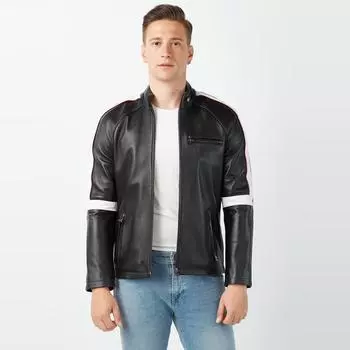 Черное мужское пальто из натуральной кожи с белой гарнирой