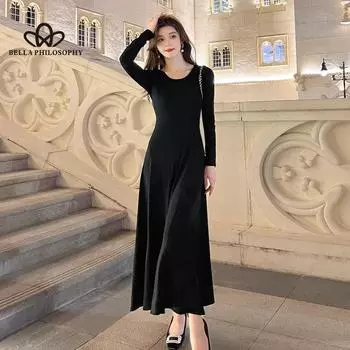 Черное облегающее платье с длинными рукавами и внутренней частью, новое женское платье с U-образным воротником во французском стиле, простое элегантное высококачественное хип-платье S чёрный