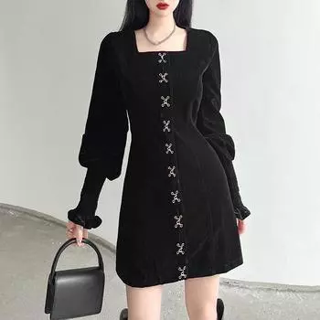 Черное облегающее платье с завязками, осеннее базовое бархатное мини-платье с длинными рукавами, женские облегающие повседневные зимние модные платья M чёрный