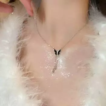 Черное ожерелье с кисточками в виде бабочки и капель масла – стильная и крутая цепочка на ключицу для женщин Butterfly Tassel Necklace