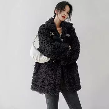 Черное пальто из овечьей шерсти для женщин на осень и зиму, корейская версия пальто с высоким воротником, тонкое и утолщенное, с длинным ворсом из искусственного меха S 85-52.5 kg чёрный