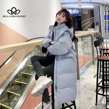 Черное пальто с хлопковой подкладкой, женское зимнее свободное пальто средней длины, модное повседневное пальто-парка S чёрный