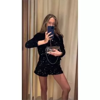 Черное пальто с пайетками, женское, с круглым вырезом, длинными рукавами, короткий топ, повседневная тонкая куртка, кардиган для поездок на работу, новая мода, весна-осень S чёрный