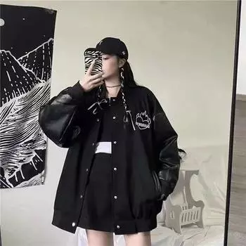 Черное пальто Женские куртки-бомберы в стиле пэчворк Bf Streetwear Корейская искусственная кожа с принтом свободного покроя Повседневная бейсбольная куртка XS чёрный