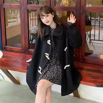 Черное пальто, женское осеннее среднедлинное свободное пальто на пуговицах, повседневное удобное пальто на пуговицах S чёрный