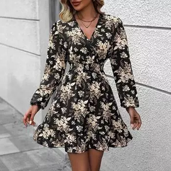 Черное платье А-силуэта с V-образным вырезом, длинными рукавами, оборкой по низу и рукавами-буфами с цветочным принтом S чёрный