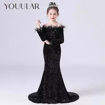 Черное платье для девочек без бретелек с открытыми плечами и открытой спиной с длинными рукавами длиной до пола, перья и блестки, свадебные вечерние платья макси 3T