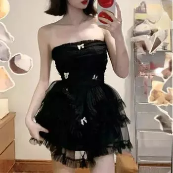 Черное платье для вечеринок, женское повседневное корсет Y2k, мини-офис, облегающее кружево без рукавов, цельный корейский S чёрный
