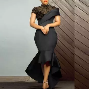 Черное платье, кружевное лоскутное элегантное женское вечернее платье с прозрачными рукавами, тонкое прозрачное платье русалки размера плюс, женские халаты для выпускного вечера, платья S чёрный