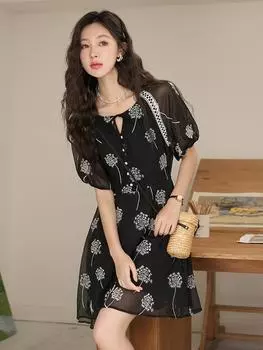 Черное платье Mishow с вышивкой для женщин, новинка 2024 года, повседневное платье во французском стиле с круглым вырезом и высокой талией, MXC39L1567 S