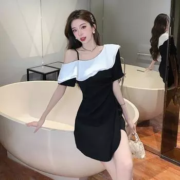 Черное платье на бретельках с оборками, женские весенне-летние корейские повседневные платья трапециевидной формы с высокой талией, контрастного цвета S чёрный