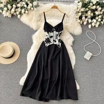 Черное платье на подтяжках в стиле RUGOD Hepburn, дизайнерское вечернее платье Sense, длинное платье, элитное летнее платье без рукавов с кружевной строчкой