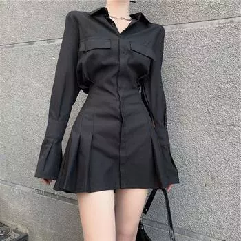 Черное платье-рубашка, женские элегантные винтажные платья с длинными рукавами, сексуальная готическая плиссированная уличная одежда с отложным воротником, повседневный халат S чёрный