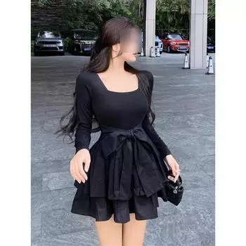 Черное платье с длинным рукавом женское весенне-осеннее темпераментное платье принцессы юбка-пачка талия маленькая короткая юбка S
