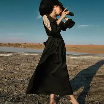 Черное платье с длинными рукавами и длинными рукавами с рукавами-фонариками, тонкий халат, мусульманское платье Абая S чёрный