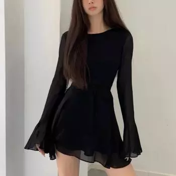 Черное платье с открытой спиной, женское элегантное мини-платье с открытой спиной и длинными рукавами на шнуровке в стиле пэчворк, сексуальное тонкое мини-платье с рюшами, вечерние S чёрный
