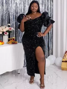 Черное платье с пайетками, бархатное сексуальное женское платье с открытыми плечами, даже с пышными рукавами, с высоким разрезом, макси, вечернее платье для выпускного вечера