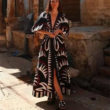 Черное платье с V-образным вырезом и принтом, рукав-фонарик, женская мода, высокая талия, миди-платья, женские профессиональные халаты, винтаж S чёрный