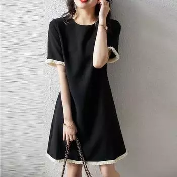 Черное платье во французском стиле для женщин с коротким рукавом, летняя мода, повседневное свободное платье до колена с круглым вырезом, однотонные платья Vestidos 25955 M чёрный