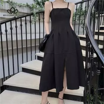 Черное платье во французском стиле Хепберн, платье на подтяжках, женское праздничное пляжное платье, сексуальное вечернее платье S чёрный