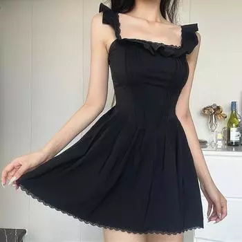 Черное платье, женское элегантное винтажное мини-платье с пышными рукавами и квадратным воротником, маленькая черная юбка для девочек, женская летняя одежда L чёрный