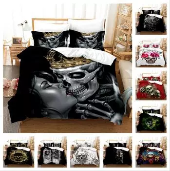 Черное постельное белье с принтом черепа, односпальная двуспальная кровать, полноразмерная наволочка и пододеяльник, 2 или 3 чехла с принтом черепа, удобное украшение для дома UK Single 135x200cm