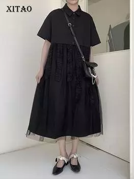 Черное повседневное свободное платье XITAO в стиле пэчворк WMD6369 One Size чёрный