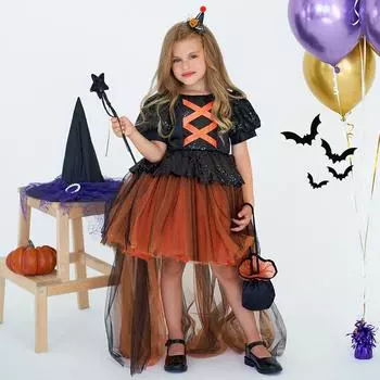 Черное пушистое кружевное платье со шлейфом для девочек на Хэллоуин, карнавальный костюм принцессы для детей 4-10 лет, детские праздничные платья для девочек, Vestidos 110CM оранжевый