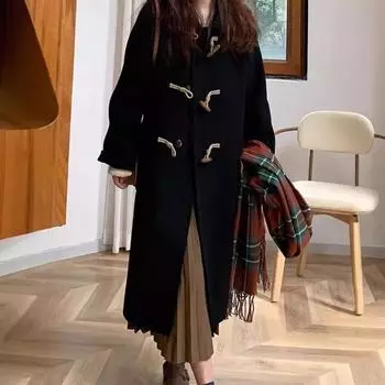 Черное роговое пуговицы осенне-зимнее пальто высокого класса для женщин, небольшое осенне-зимнее новое шерстяное пальто в стиле Хепберн S