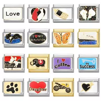 Черное сердце, кошачья лапа, бабочка, цветы, итальянские очаровательные звенья, квадратные бусины, подходят для 9 мм итальянского браслета из нержавеющей стали, изготовление подарков своими руками