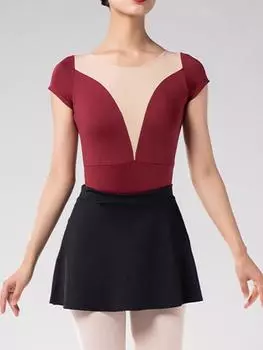 Черное сетчатое лоскутное балетное трико для женщин - С коротким рукавом, с круглым вырезом, гимнастический боди Medium вино красного