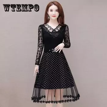 Черное сетчатое платье с v-образным вырезом, женская юбка трапециевидной формы на талии, ретро кружевное платье средней длины с V-образным вырезом и длинными рукавами, темпераментная женская юбка с узором в горошек XXXXL