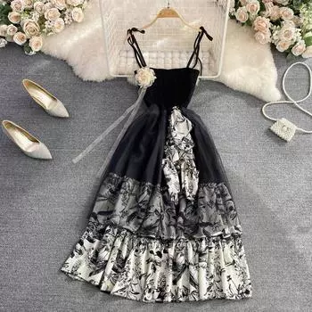 Черное сексуальное платье Super Fairy с открытой спиной и подтяжками во французском стиле ретро