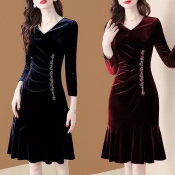 Черное шелковое зимнее женское золотое бархатное платье с v-образным вырезом и длинными рукавами. Осеннее темпераментное элегантное облегающее удобное платье-рыбий хвост. L красный