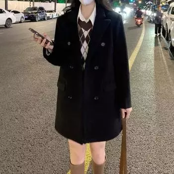Черное шерстяное элегантное длинное пальто для женщин осень-зима в стиле Хепберн, верхняя одежда, пальто для офисных леди, свободное пальто с длинным рукавом в стиле ретро, новое S абрикосовый
