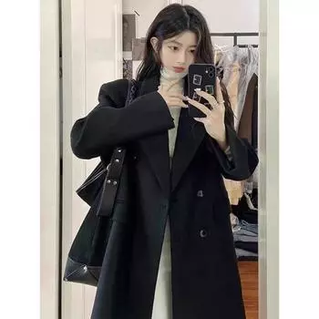 Черное шерстяное пальто Hepburn для женщин, осень-зима 2024 года, новое корейское издание, маленькое длинное пальто S