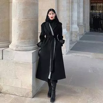 Черное шерстяное пальто в клетку Хепберн, женское зимнее новое корейское шерстяное пальто средней и длинной длины S recommends 90-52.5 kg чёрный