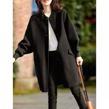 Черное шерстяное пальто женское осенне-зимнее новое иностранное пальто средней и длинной длины облегающее и тонкое повседневное шерстяное пальто большого размера M чёрный