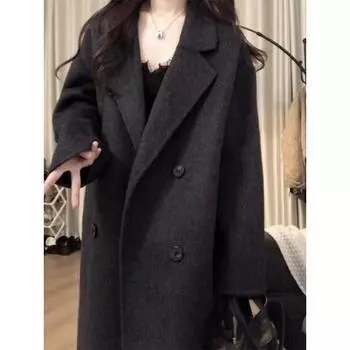 Черное шерстяное пальто женское шерстяное пальто высокого класса 2024 осень-зима новое маленькое корейское пальто в стиле Хепберн S
