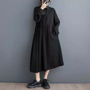 Черное винтажное новое платье больших размеров с длинным рукавом для женщин, повседневное свободное весенне-осеннее платье
