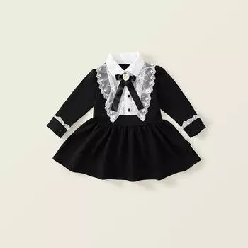 Черное винтажное платье в стиле Хепберн с длинными рукавами для девочек 2024 года, новое детское кружевное платье принцессы с бантом 100cm чёрный